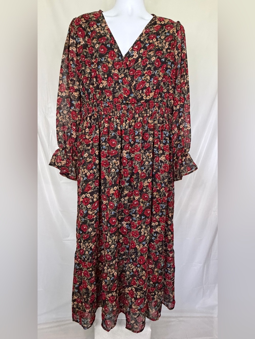 Plus Size Floral Boho Midi Dress Sheer Sleeve Smocked Waist 2XL